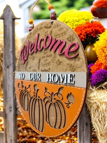 Welcome to Our Home Fall Sign – Pumpkin Door Hanger with Engraved Autumn Icons – Blue or Berry Color Options