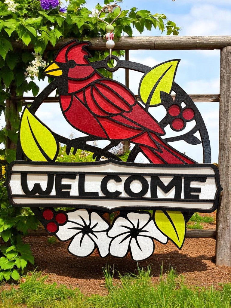 Cardinal Welcome Sign – Handcrafted Red Bird Wooden Door Hanger for Nature & Garden Lovers
