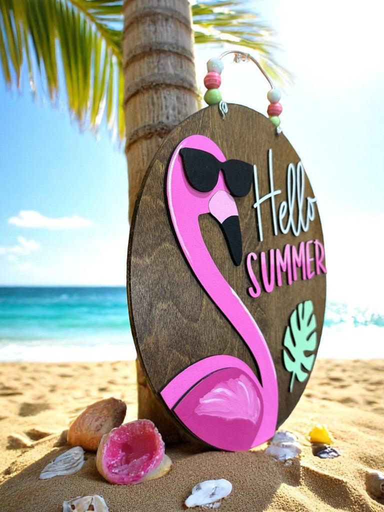 Hello Summer Flamingo Door Sign β Fun Tropical Porch Decor β Handmade Beach Vibes Welcome Sign
