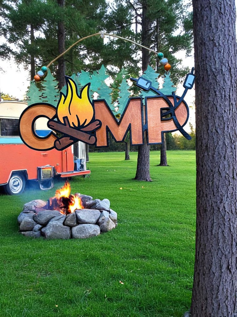 Rustic Wooden Camp Life Sign – S’mores, Trees & Firepit Decor for Cabin or Camper Door