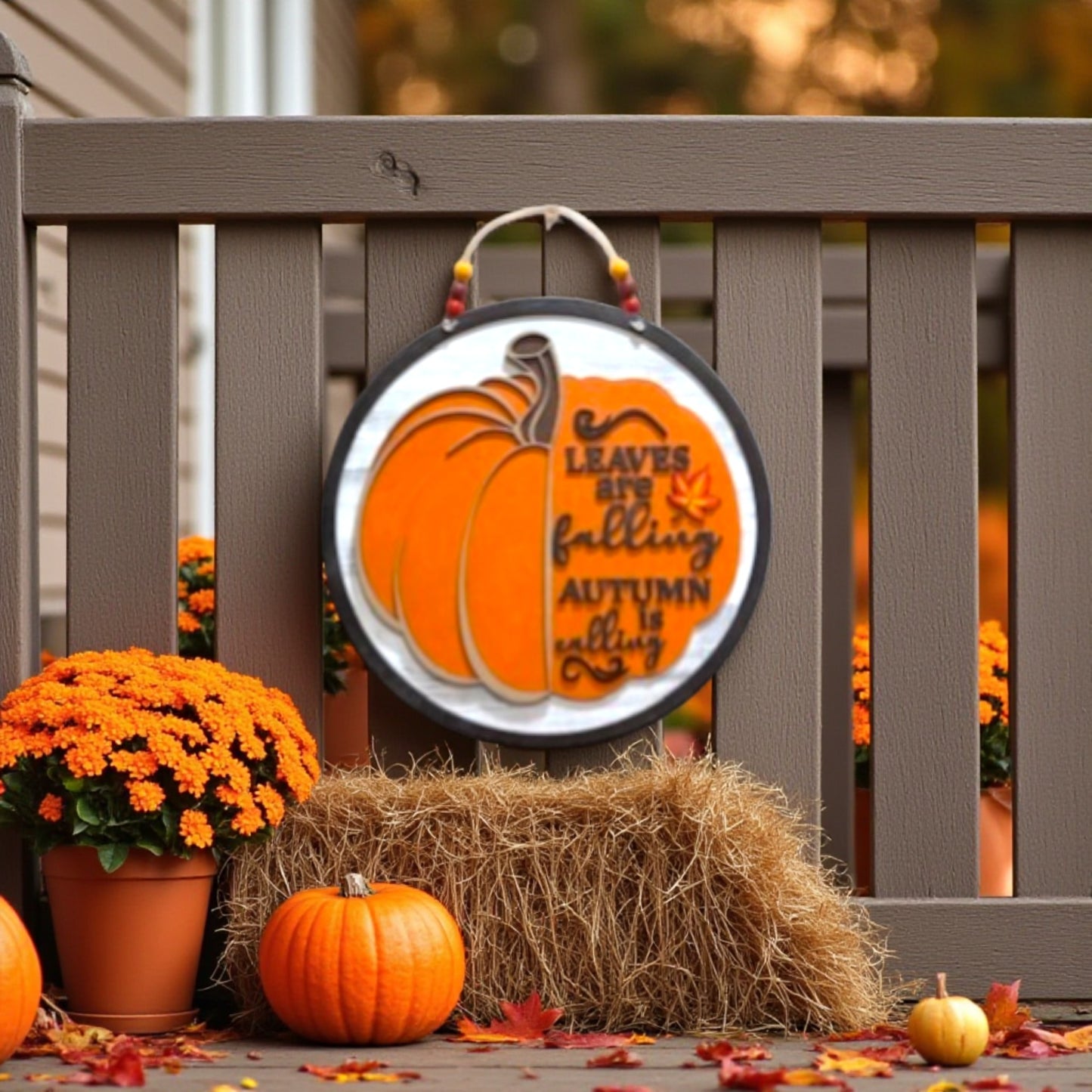 Leaves Are Falling Autumn Is Calling Wooden Pumpkin Sign – Handmade Rustic Fall Porch & Wall Dé