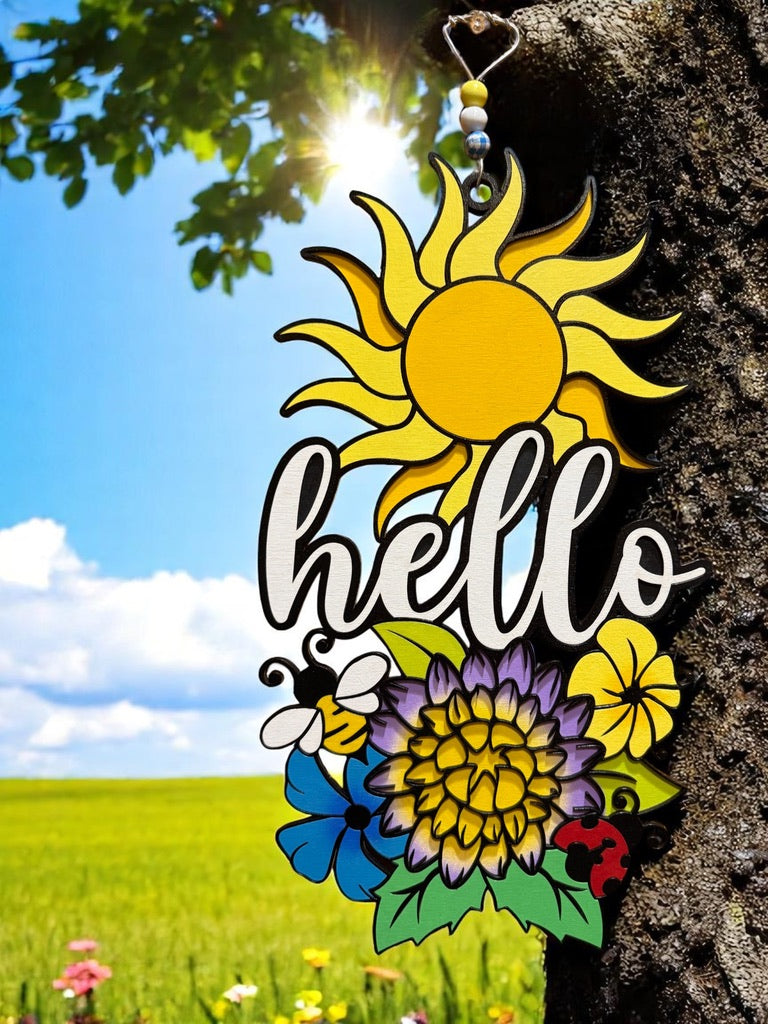 Hello Sunshine Floral Sign – Handcrafted Wooden Door Hanger with Bee, Butterfly & Sun for Summer Decor