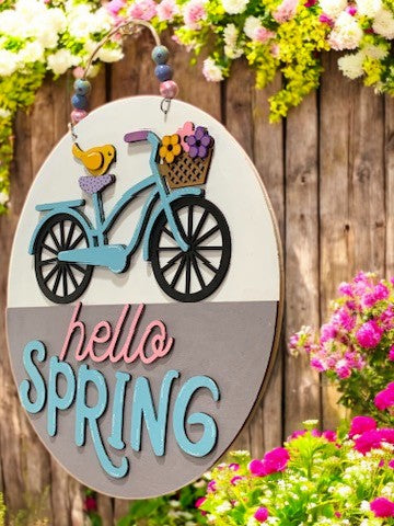 Hello Spring Bicycle Sign β Handmade 3D Wooden Door Hanger for Seasonal Home Decor