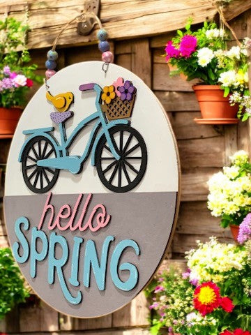 Hello Spring Bicycle Sign β Handmade 3D Wooden Door Hanger for Seasonal Home Decor