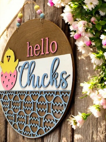 Hello Chicks Easter Sign โ Handmade 3D Wooden Spring Door Hanger with Baby Chick Decor
