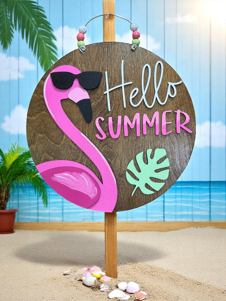 Hello Summer Flamingo Door Sign β Fun Tropical Porch Decor β Handmade Beach Vibes Welcome Sign