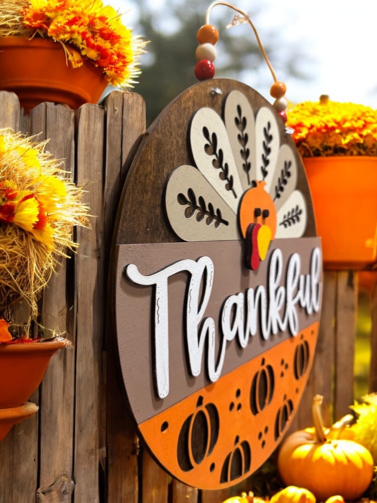 Thankful Wooden Turkey Sign – Rustic Fall Door Hanger – Farmhouse Thanksgiving Décor