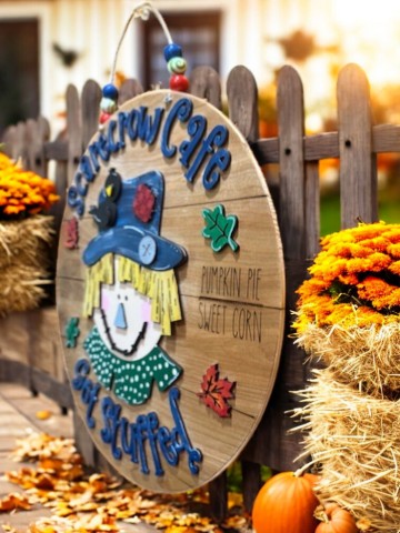 Scarecrow Café Wooden Sign – Funny Fall Door Hanger – Rustic Autumn Porch Decor