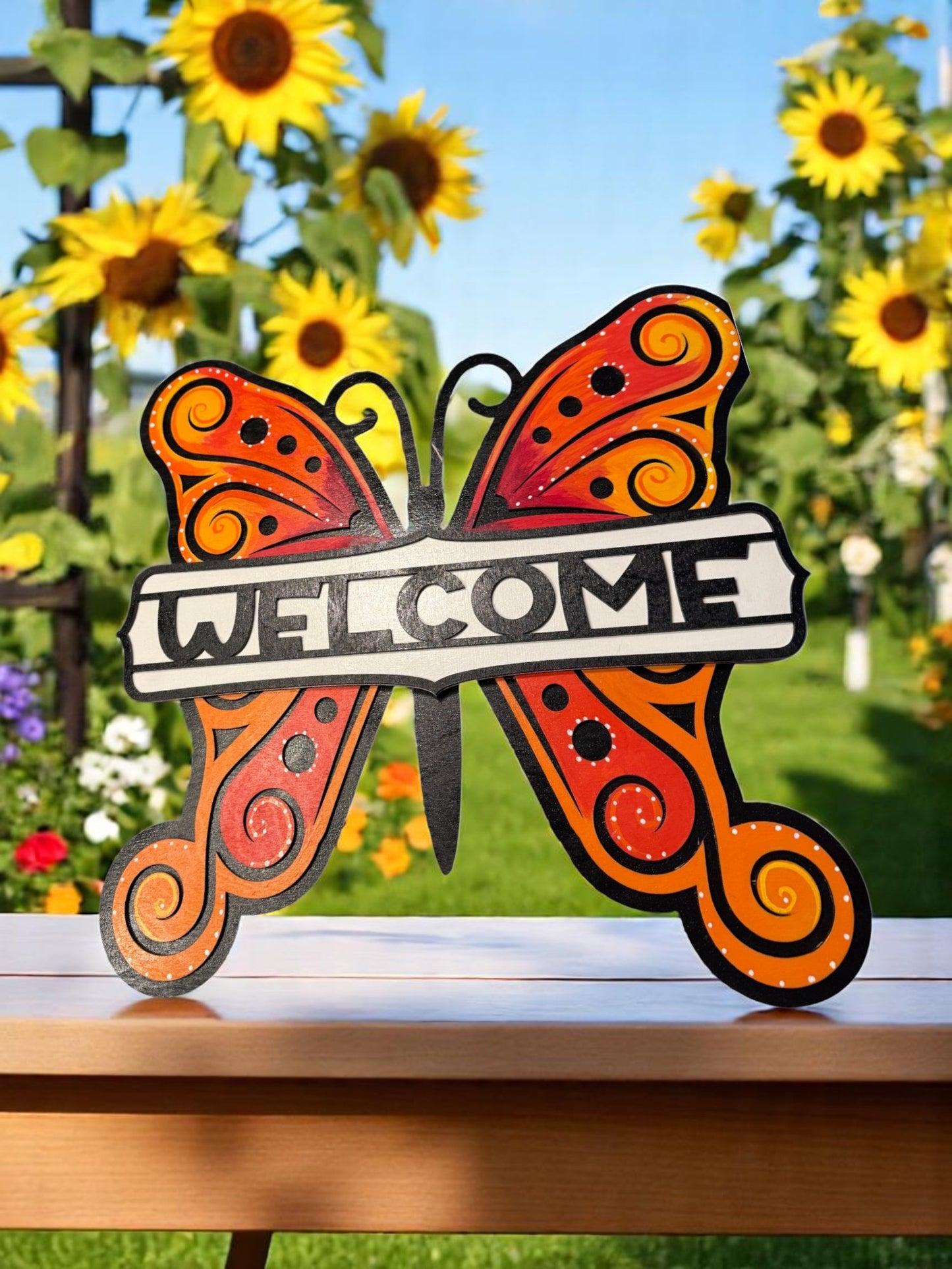 Butterfly Welcome Sign – Handcrafted Wooden Door Hanger with Bright Orange Wings for Spring & Summer Decor