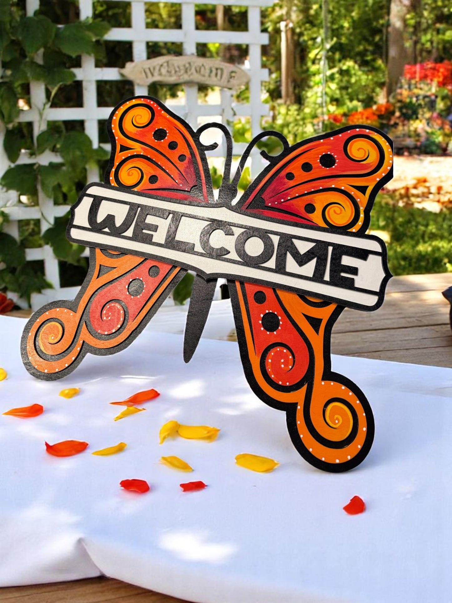 Butterfly Welcome Sign – Handcrafted Wooden Door Hanger with Bright Orange Wings for Spring & Summer Decor