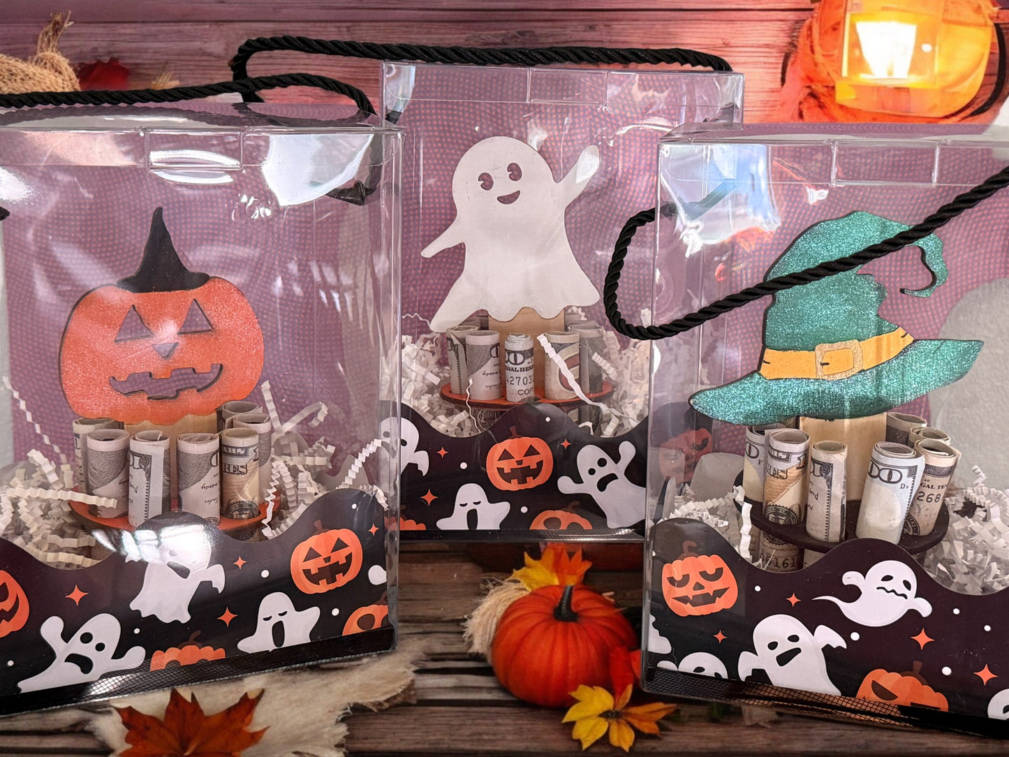 Halloween Money Gift – Pumpkin, Witch Hat, or Ghost Wooden Money Tree – Handmade Cash Holder with Gift Box – Free Shipping