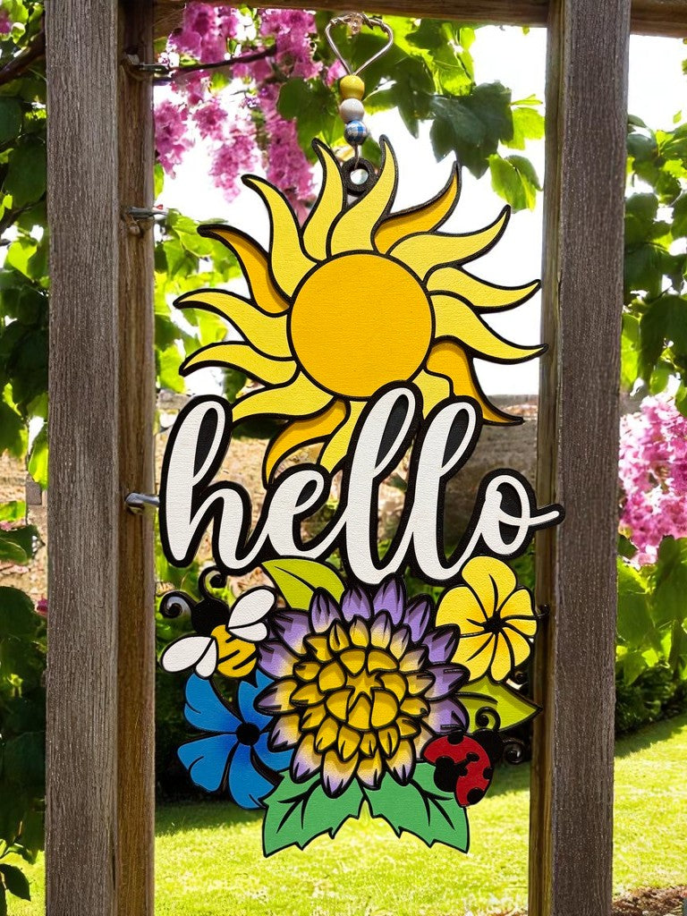 Hello Sunshine Floral Sign – Handcrafted Wooden Door Hanger with Bee, Butterfly & Sun for Summer Decor