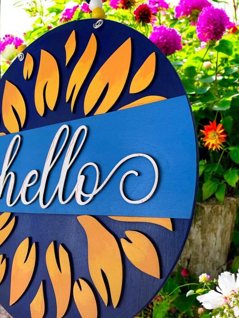 Sunflower Hello Sign β Rustic Summer Door Decor β Farmhouse Welcome Sign for Front Porch