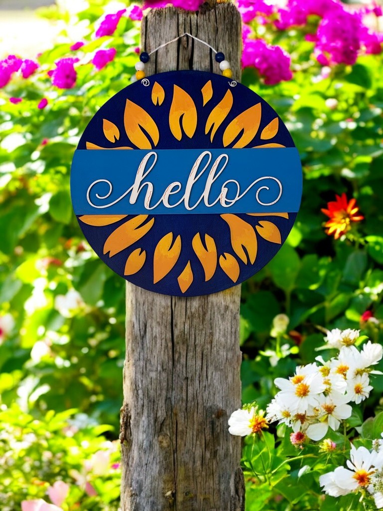 Sunflower Hello Sign β Rustic Summer Door Decor β Farmhouse Welcome Sign for Front Porch