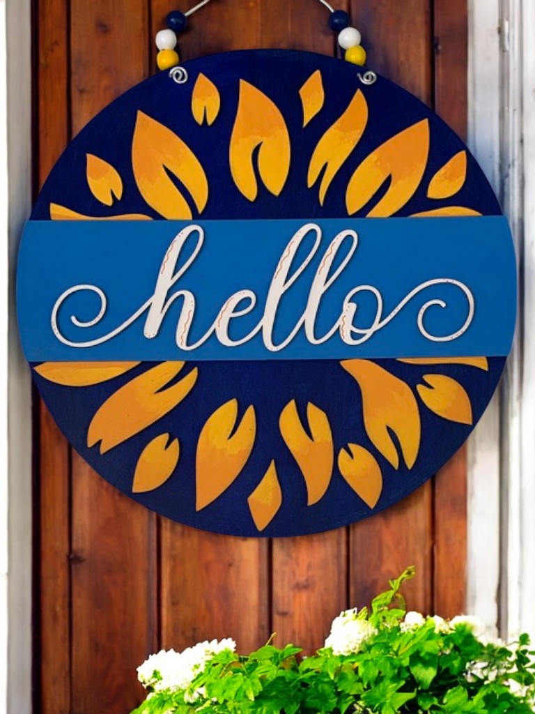 Sunflower Hello Sign β Rustic Summer Door Decor β Farmhouse Welcome Sign for Front Porch