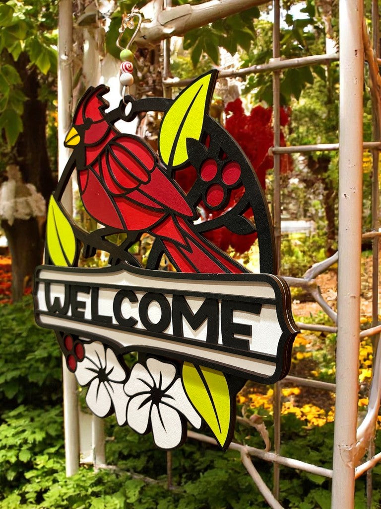 Cardinal Welcome Sign – Handcrafted Red Bird Wooden Door Hanger for Nature & Garden Lovers