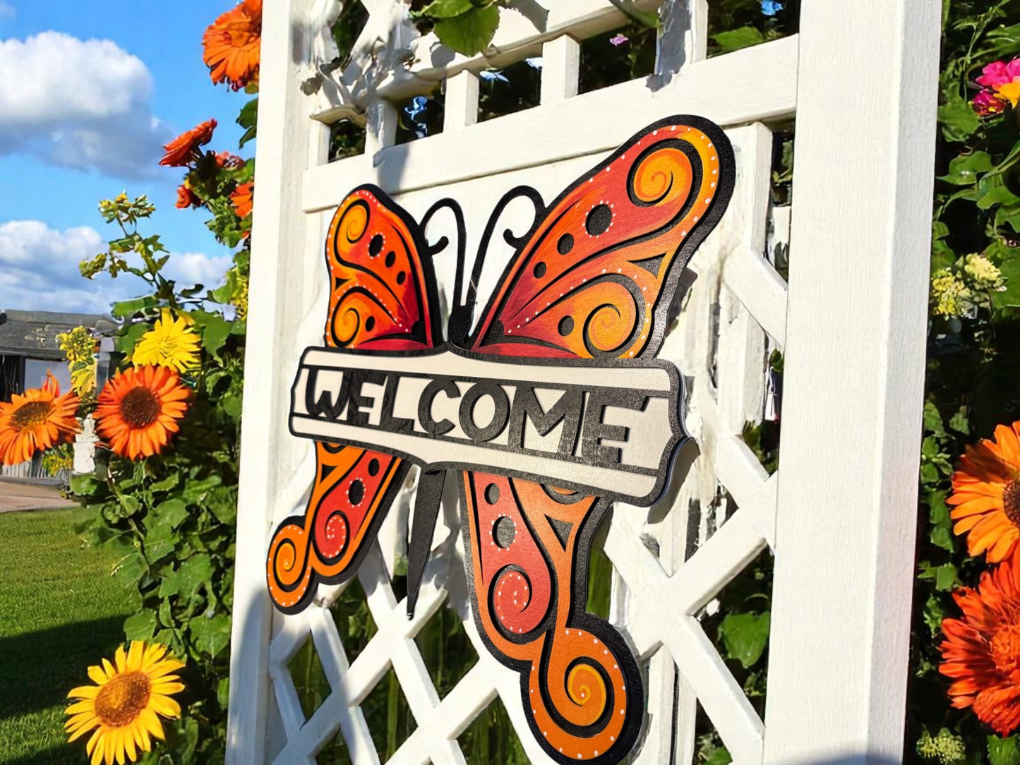Butterfly Welcome Sign – Handcrafted Wooden Door Hanger with Bright Orange Wings for Spring & Summer Decor