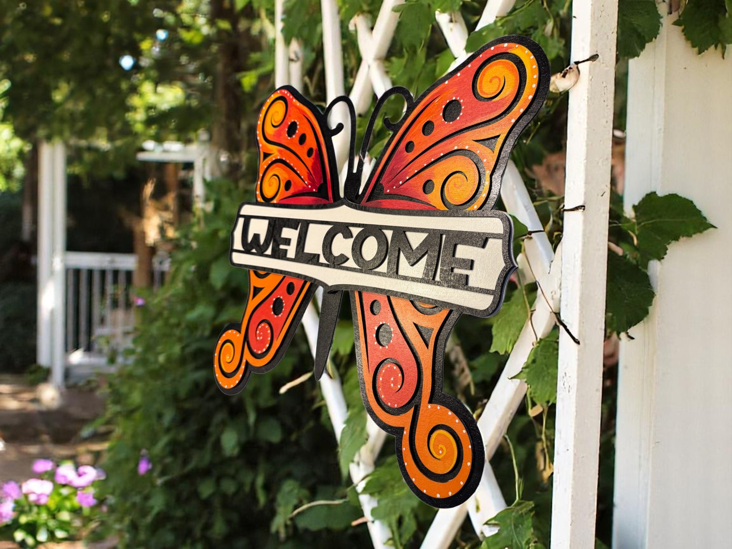 Butterfly Welcome Sign – Handcrafted Wooden Door Hanger with Bright Orange Wings for Spring & Summer Decor