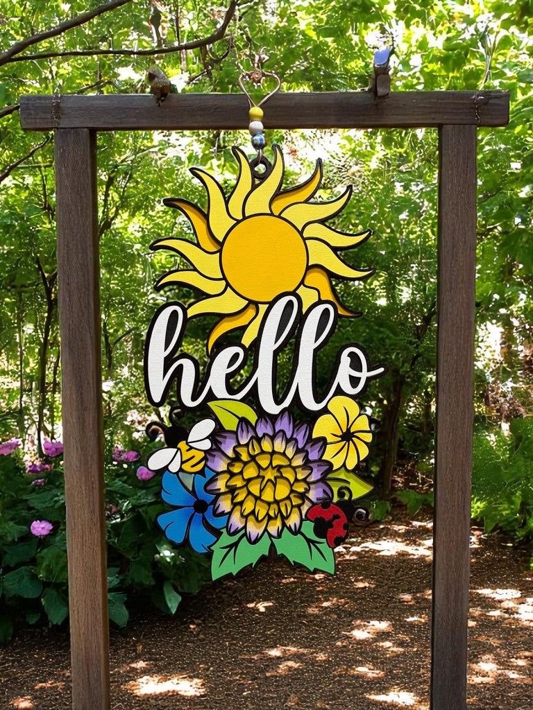 Hello Sunshine Floral Sign – Handcrafted Wooden Door Hanger with Bee, Butterfly & Sun for Summer Decor