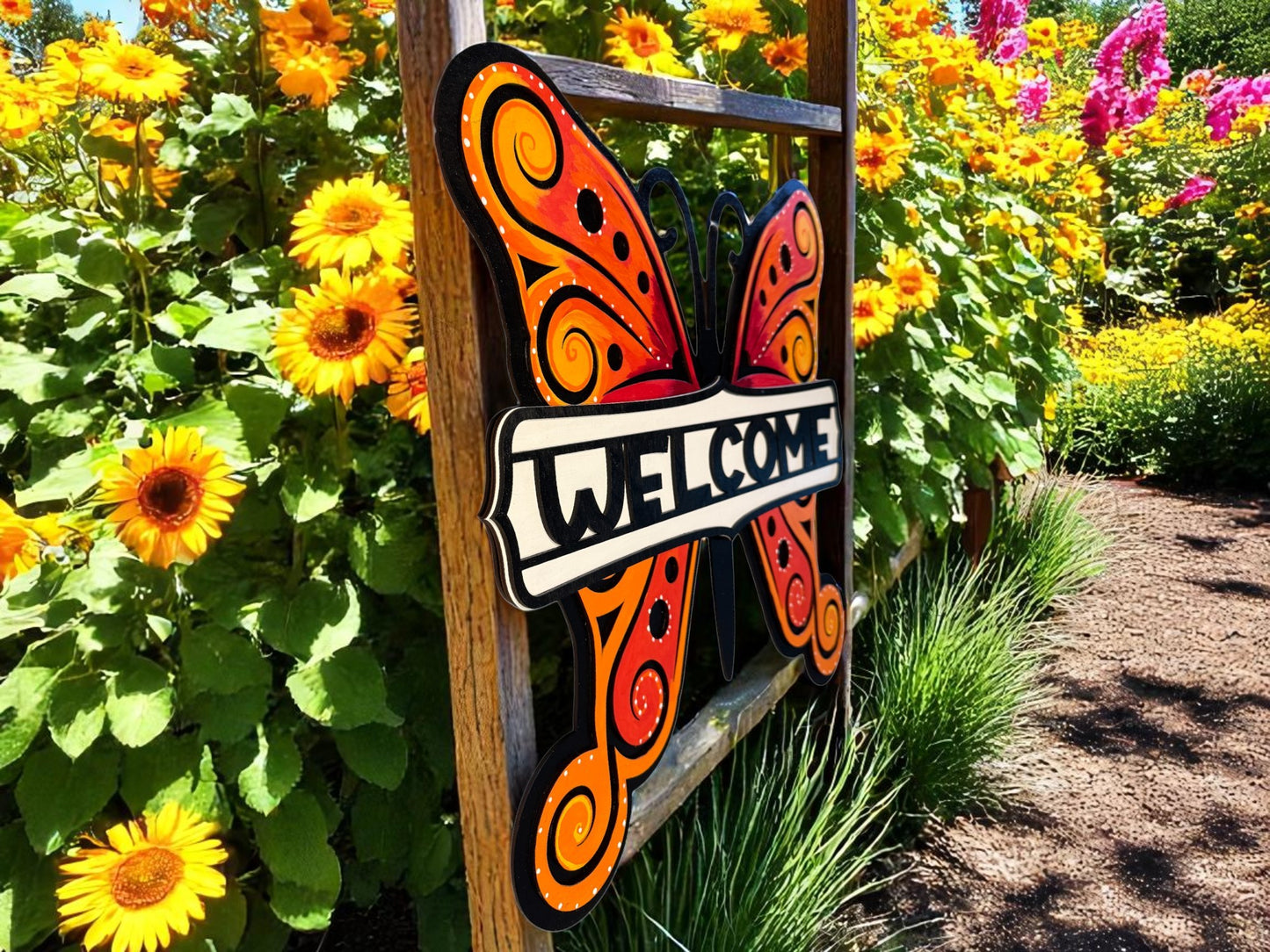 Butterfly Welcome Sign – Handcrafted Wooden Door Hanger with Bright Orange Wings for Spring & Summer Decor