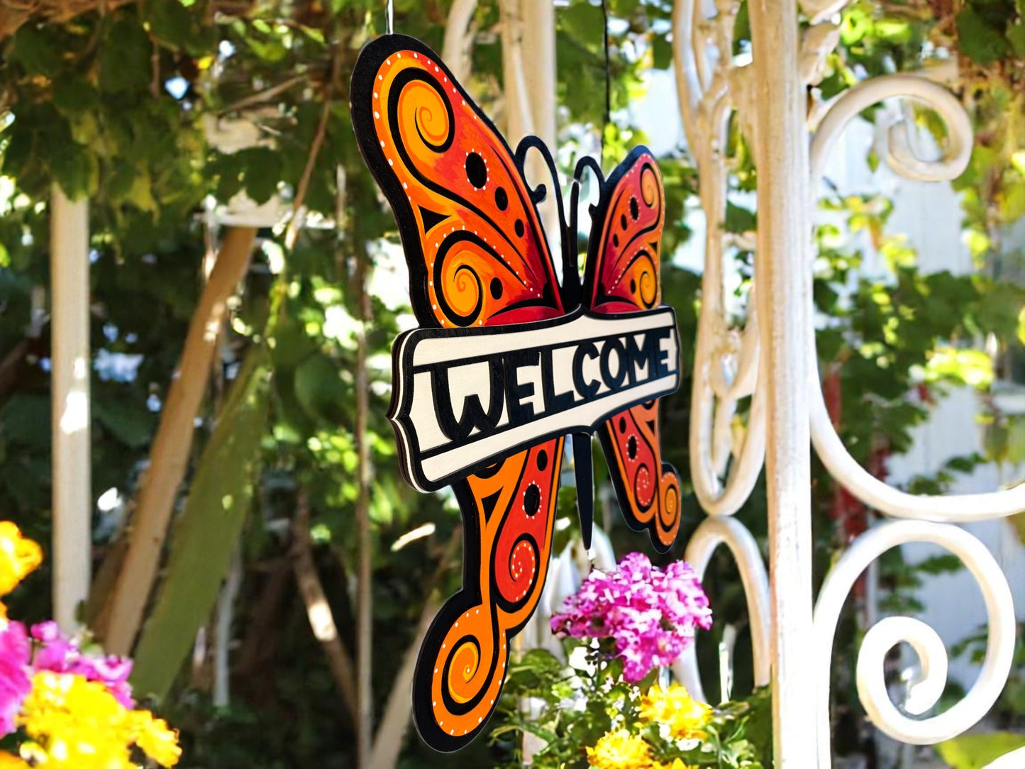 Butterfly Welcome Sign – Handcrafted Wooden Door Hanger with Bright Orange Wings for Spring & Summer Decor