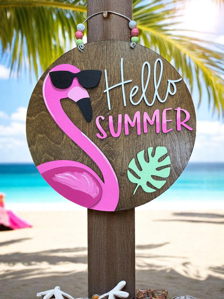 Hello Summer Flamingo Door Sign β Fun Tropical Porch Decor β Handmade Beach Vibes Welcome Sign