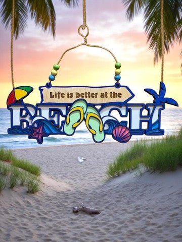 Life Is Better at the Beach Wooden Sign β Coastal Summer Decor with Flip Flops, Shells & Palm Tree
