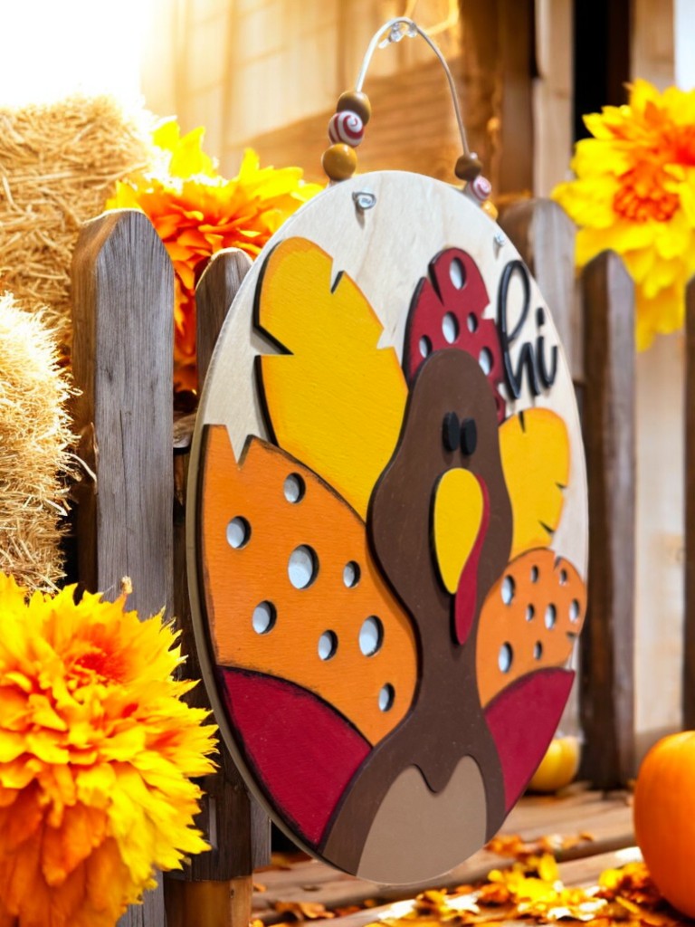 Hi Turkey Thanksgiving Wooden Sign – Rustic Fall Door Hanger – Handmade Holiday Porch Decor