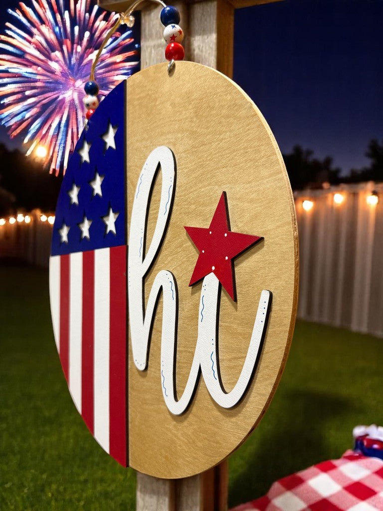 Patriotic "Hi" Door Sign – Rustic American Flag Wood Round for 4th of July, Summer & Front Porch Decor