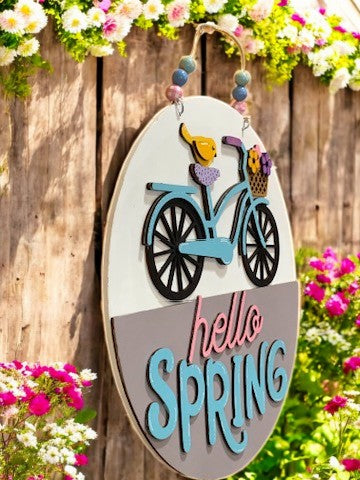 Hello Spring Bicycle Sign β Handmade 3D Wooden Door Hanger for Seasonal Home Decor