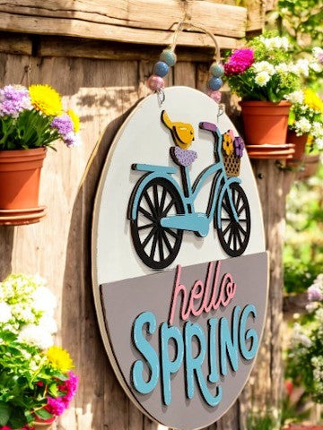 Hello Spring Bicycle Sign β Handmade 3D Wooden Door Hanger for Seasonal Home Decor