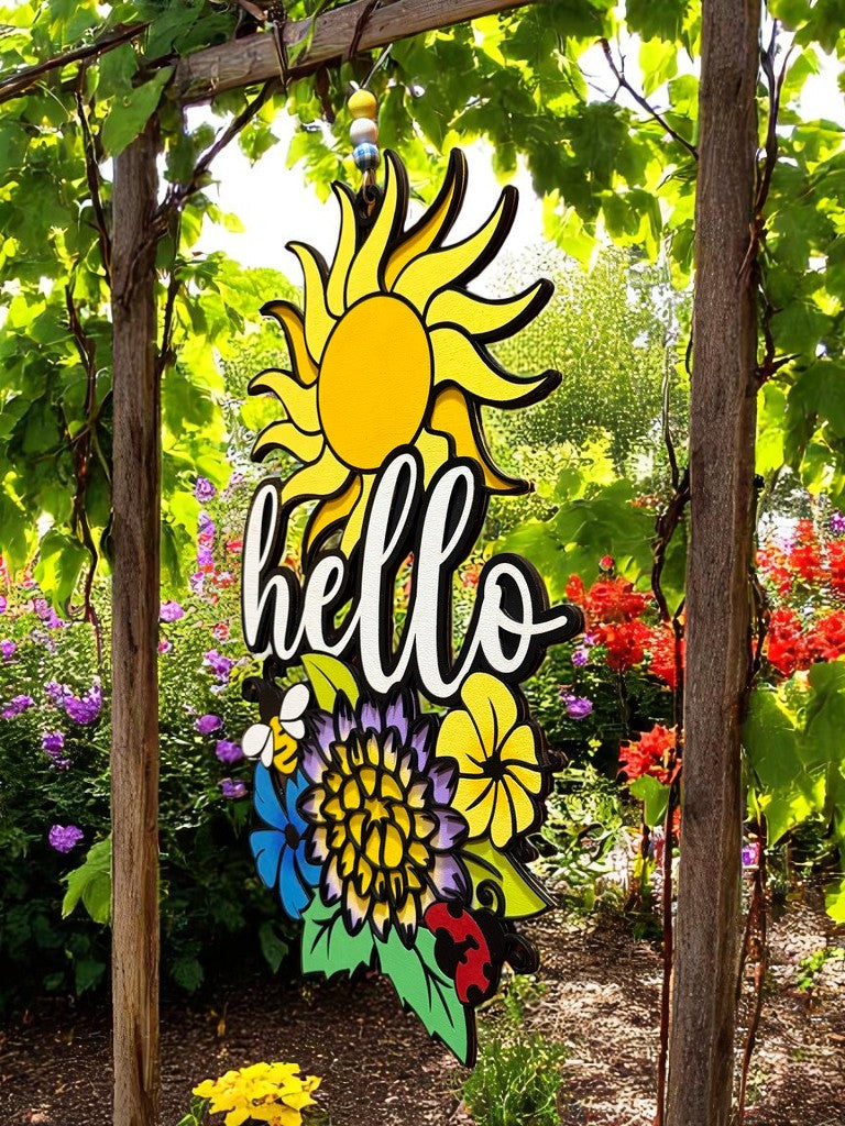 Hello Sunshine Floral Sign – Handcrafted Wooden Door Hanger with Bee, Butterfly & Sun for Summer Decor