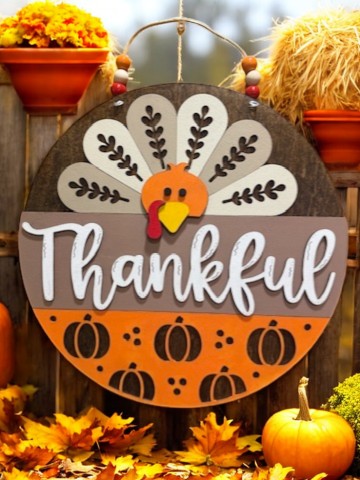 Thankful Wooden Turkey Sign – Rustic Fall Door Hanger – Farmhouse Thanksgiving Décor
