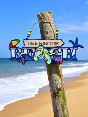 Life Is Better at the Beach Wooden Sign β Coastal Summer Decor with Flip Flops, Shells & Palm Tree