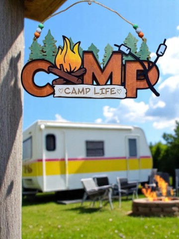 Rustic Wooden Camp Life Sign – S’mores, Trees & Firepit Decor for Cabin or Camper Door
