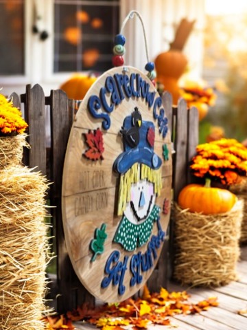 Scarecrow Café Wooden Sign – Funny Fall Door Hanger – Rustic Autumn Porch Decor