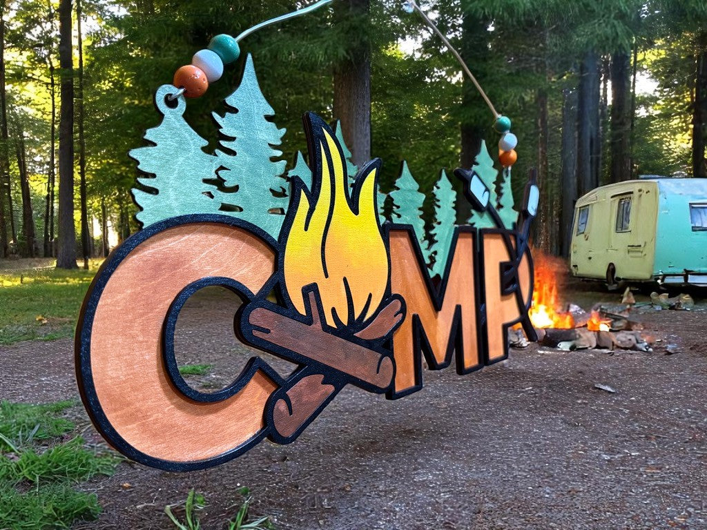 Rustic Wooden Camp Life Sign – S’mores, Trees & Firepit Decor for Cabin or Camper Door