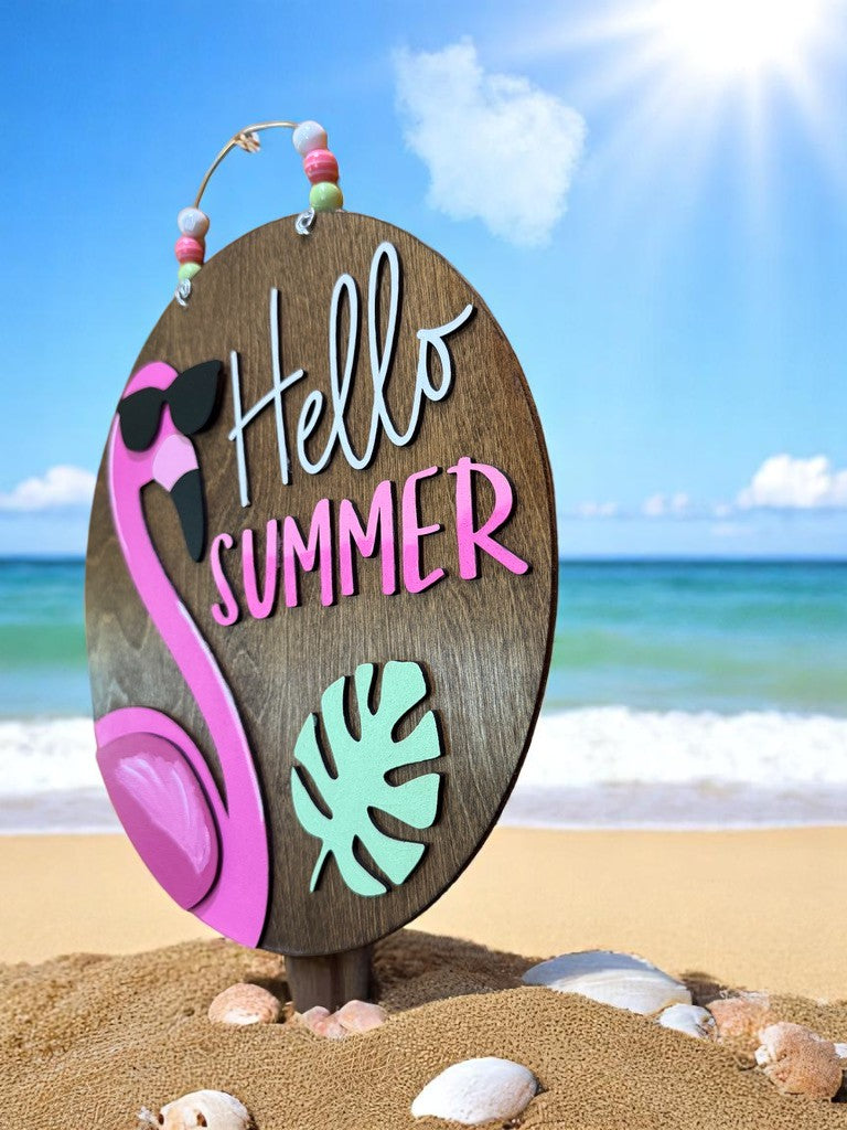 Hello Summer Flamingo Door Sign β Fun Tropical Porch Decor β Handmade Beach Vibes Welcome Sign