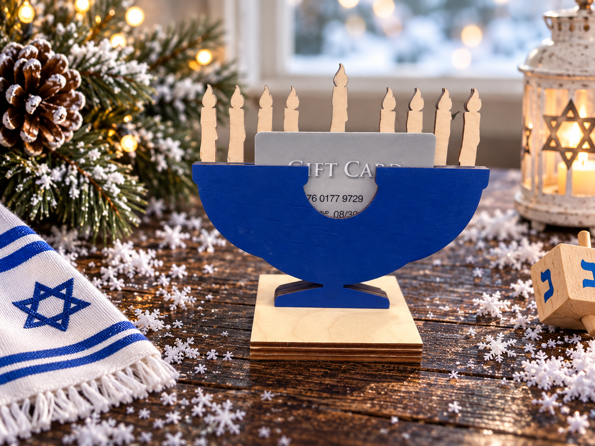 Menorah Gift Card Holder | Wood Hanukkah Menorah with Gift Card | Handcrafted