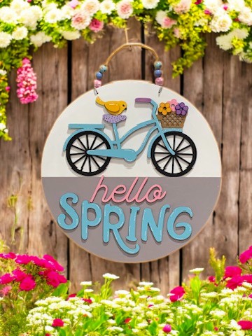 Hello Spring Bicycle Sign β Handmade 3D Wooden Door Hanger for Seasonal Home Decor