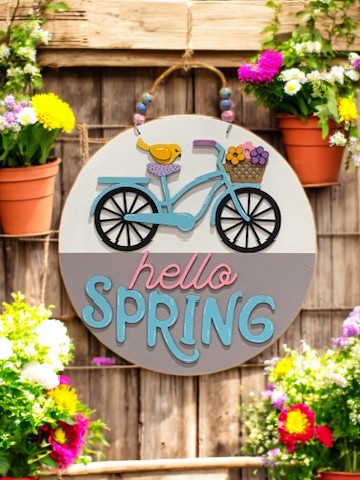 Hello Spring Bicycle Sign β Handmade 3D Wooden Door Hanger for Seasonal Home Decor