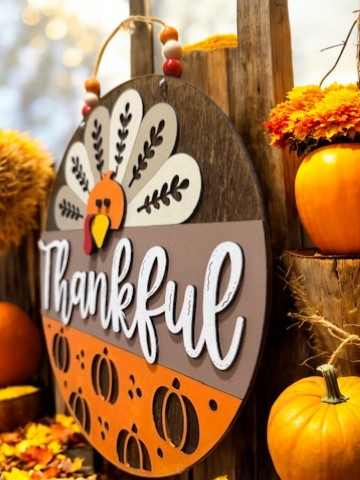 Thankful Wooden Turkey Sign – Rustic Fall Door Hanger – Farmhouse Thanksgiving Décor