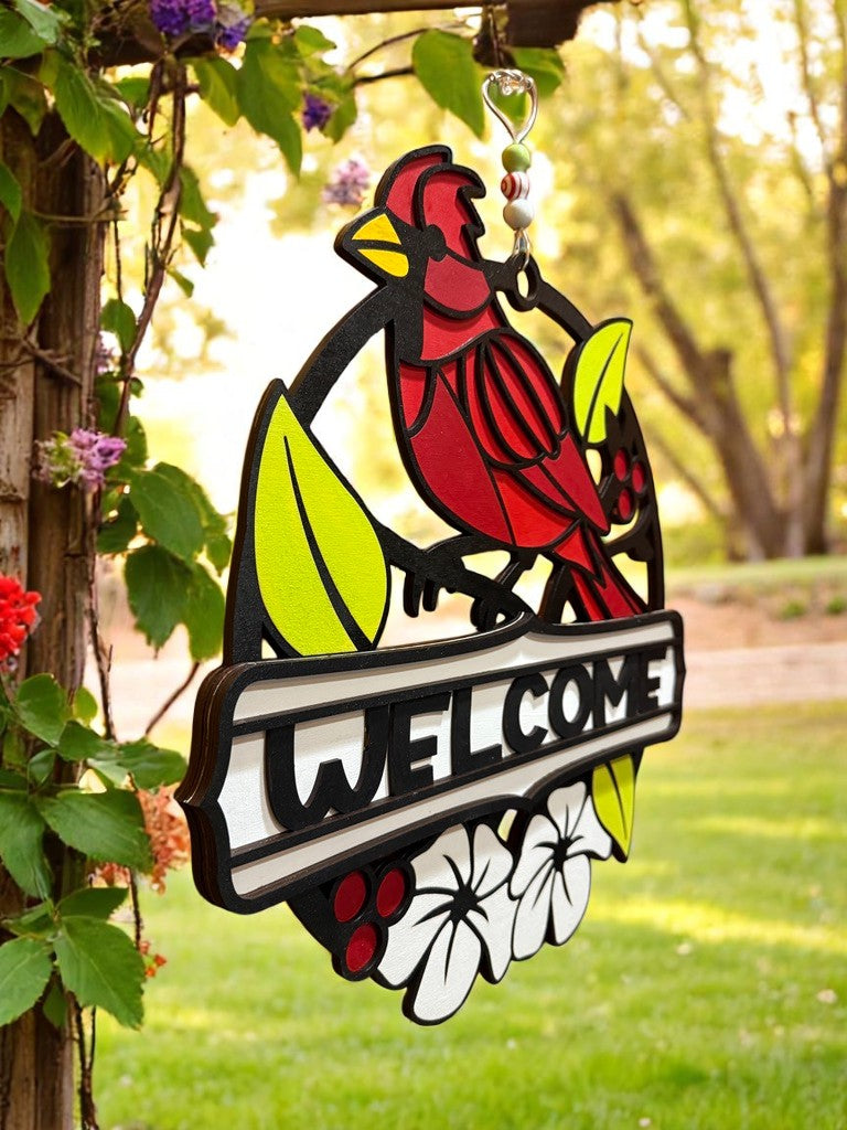Cardinal Welcome Sign – Handcrafted Red Bird Wooden Door Hanger for Nature & Garden Lovers