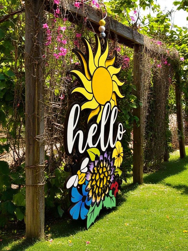 Hello Sunshine Floral Sign – Handcrafted Wooden Door Hanger with Bee, Butterfly & Sun for Summer Decor