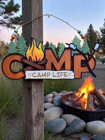 Rustic Wooden Camp Life Sign – S’mores, Trees & Firepit Decor for Cabin or Camper Door