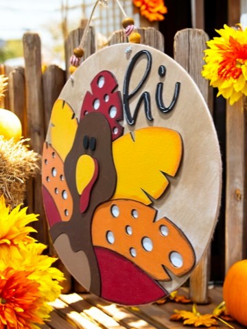 Hi Turkey Thanksgiving Wooden Sign – Rustic Fall Door Hanger – Handmade Holiday Porch Decor