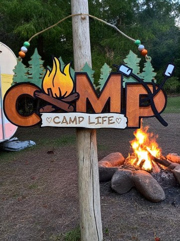 Rustic Wooden Camp Life Sign – S’mores, Trees & Firepit Decor for Cabin or Camper Door