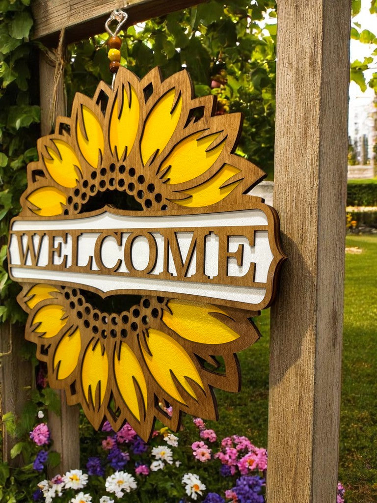 Rustic Sunflower Welcome Sign – Handcrafted Wooden Door Decor for Summer and Farmhouse Homes