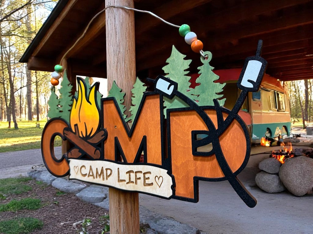 Rustic Wooden Camp Life Sign – S’mores, Trees & Firepit Decor for Cabin or Camper Door