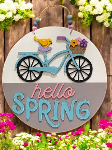 Hello Spring Bicycle Sign β Handmade 3D Wooden Door Hanger for Seasonal Home Decor